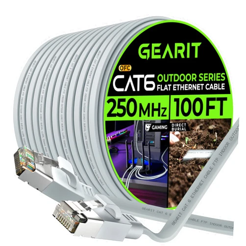 GearIT Cat 6 Outdoor Flat Ethernet Cable (100ft, Gray) Direct Burial Rated LLDPE Jacket - Indoor Cat6 Shielded FTP 10Gbps High Speed Gaming Computer Network RJ45 Snagless Patch Cord Internet