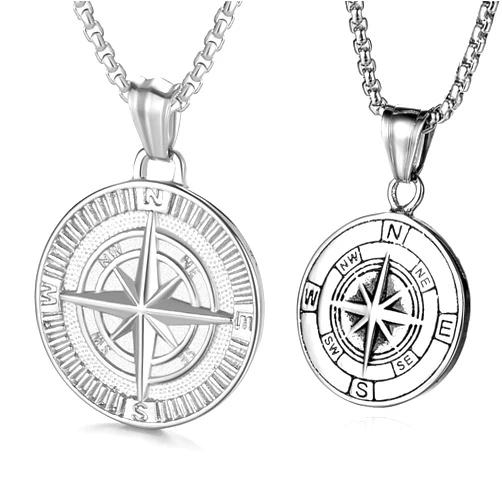 AZFVBQL Men's Compass Necklace Pendant Stainless Steel Navigator Forged for Male Jewelry