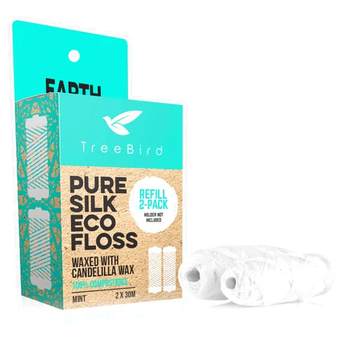 TreeBird Eco Dental Biodegradable Dental Floss Refills 2-pack | For Refillable Glass Holder | Naturally Waxed With Candelilla Wax | 100% Compostable | Natural Silk Spools of 66 yds/60m | Eco-Friendly Zero Waste Oral Care