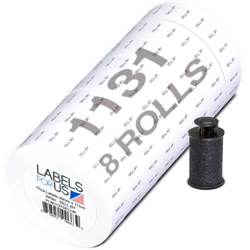 Labels for Us Labels for Monarch 1131 - Sell by Text Printed - White - 20,000 Units - Pack with 8 Rolls - Ink Roller Included - Made by Labels for Us