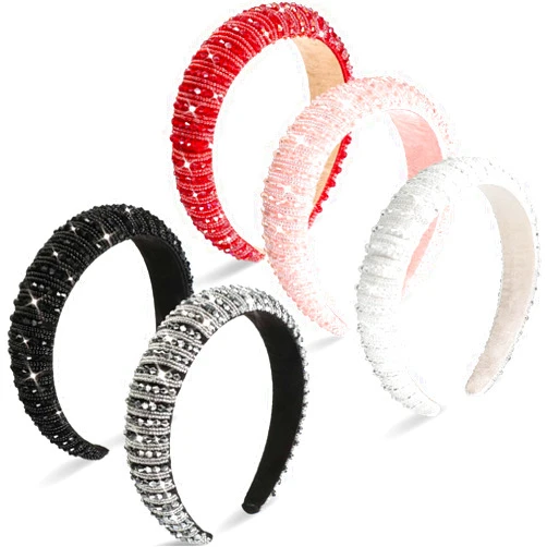 Syhood 5 Pcs Rhinestone Padded Headband Valentines Crystal Diamond Beaded Bling Glitter Headband Wide Edge Headwear Rhinestone Embellished Headpiece Gift Wedding Hair Accessory(Mixed Color)