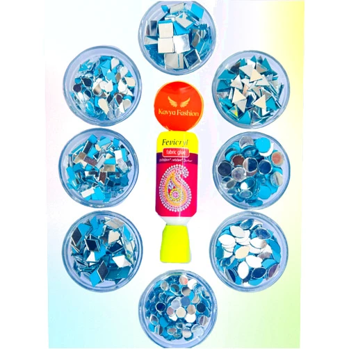 Kavya Fashion 8 Shape Mirror kit for Jewellery Making,Other Craft Work Like Project & lippan Art, mud Work Decoration (Total-800 Pieces, 100 Piece of Each Shape) Free Fabric Glue (Combo of 8)