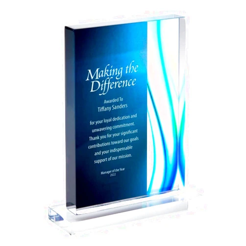 Baudville Engraved Trophy - Blue Acrylic - Rectangular Shaped - Colored Streak Accents - Personalized Engraving - Award for Employees
