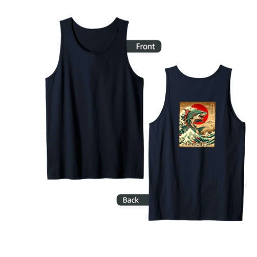 Dibble Dabble Japanese Otaku Anime Designs On Back Shark Kaiju Japanese Vintage Sharkzilla Great Wave Tank Top
