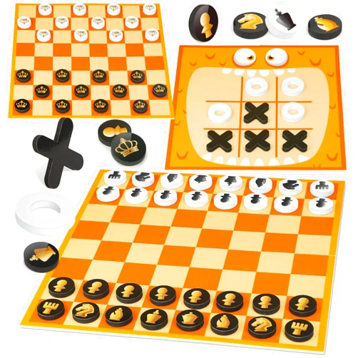 Coogam Chess and Checkers Board Game, 3-in-1 Tic Tac Toe Vintage Table Game with Mat, Lawn Party Favor Activity Indoor Outdoor Travel Toy for Family Play