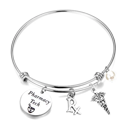 LQRI Pharmacy Tech Gift Pharmacy Technician Bracelet Expandable Wire Bangle RX Jewelry Gift for Pharmacist