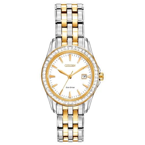 Citizen Women's Eco-Drive Dress Classic Crystal Watch in Two-tone Stainless Steel, Silver Dial, 28mm (Model: EW1908-59A)