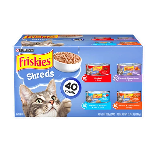 PURINA Friskies Wet Cat Food Variety Pack, Shreds Beef, Turkey, Whitefish, and Chicken & Salmon - (40) 5.5 oz. Cans