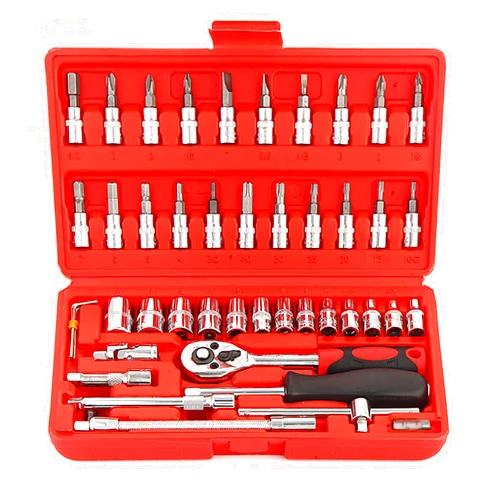 YIKANGHENG Household Tools Kit, 46 Pcs Ratchet Wrench Socket Bolt Driver Sets with Plastic Toolbox for Home, College and Automobile (red)