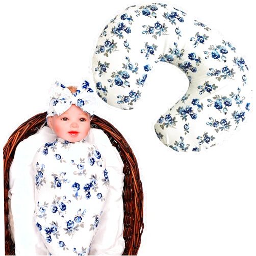 Generic Nursing Pillow Cover and 31.5 Inches x 31.5 Inches Muslin Swaddle Blanket with Headband Slipcovers for Breastfeeding Pillows for Baby Girl & Boy,Blue