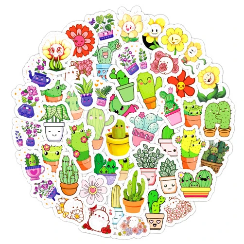 BulbaCraft 60 Pcs Kawaii Cactus Stickers for Kids, Teens and Adults - Cute Flowers Stickers for Water Bottles – Kawaii Stickers for Girls and Boys - Cute Japanese Childrens Window Stickers