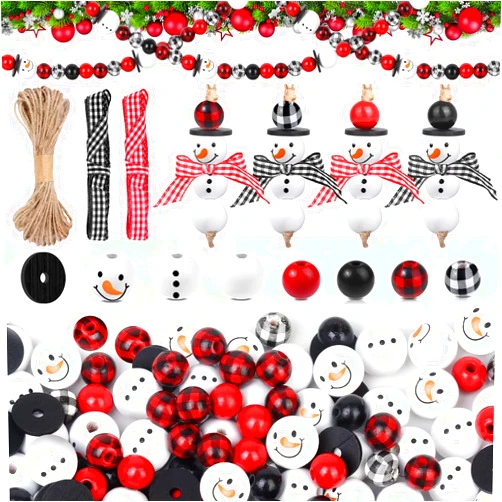 Lucomb 200 Pieces Christmas Wooden Beads for Craft Christmas Buffalo Plaid Round Craft Beads Farmhouse Loose Polished Spacer Beads Winter Snowman Beads with Twine Scarf Wood Beads for DIY Jewelry Décor