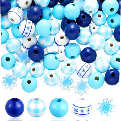 Juinte 200 Pieces Christmas Wooden Beads Winter Colorful Wood Beads Buffalo Plaid Wood Beads Snowflake Craft Beads 16mm Farmhouse Christmas Round Bead for Christmas Winter DIY Garland Party Decors