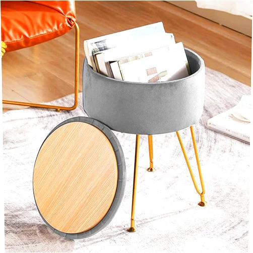CUYOCA Ottoman with Storage Vanity Stool for Makeup Room, Round Footrest Storage Ottoman with Tray, Velvet Upholstered Foot Rest, Makeup Footstool, Light Grey