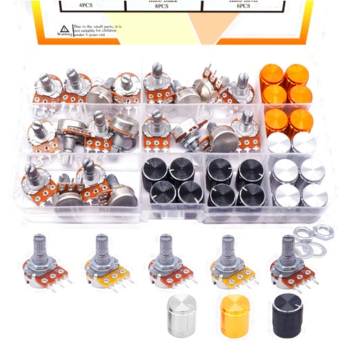 Taiss 80PCS Potentiometer Kit,WH148 B5K 10K 20K 50K 100K Ohm Single Linear Taper Rotary Audio B Type Potentiometers with Rotary knobs and Nuts, Washers