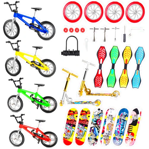 Hxezoc 31 Pcs Mini Finger Toys Set with 4 Pcs Bikes 6 Pcs Skateboards 2 Pcs Scooters 4 Pcs Energizer Boards and Other Accessories Fingertips Model Toys for Boys Kids Decoration Supplies
