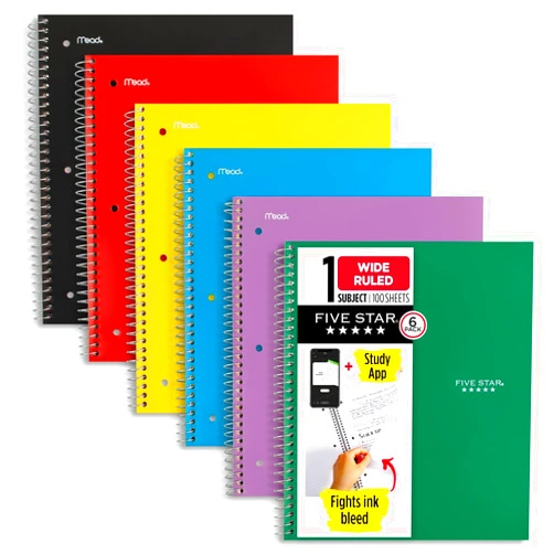 Five Star Spiral Notebooks + Study App, 6 Pack, 1 Subject, Wide Ruled Paper, Fights Ink Bleed, Water Resistant Cover, 8-1/2
