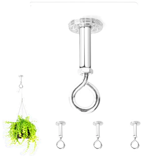 Dlilise Adhesive Ceiling Hooks 4 Pack, Hold 40lbs, Extra Heavy Duty Adhesive Ceiling Hooks for Hanging Plants, Adhesive Stick On Outdoor Ceiling Hanger, No Drill & No Screw Stainless Steel Sticky Eyes Hooks