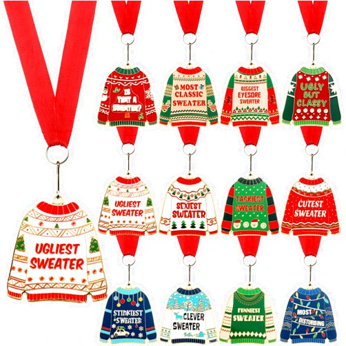 Soaoo 12 Pcs Ugly Sweater Medal Award Christmas 2.36 Inch Contest Medals Ugly Sweater Contest Prizes with Red Neck Ribbon for Holiday Decorations Party Christmas Tree Ornament