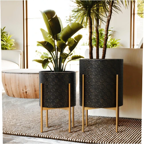 LuxenHöme LuxenHome Mid Century Planters for Indoor Plants, Set of 2 Indoor Plant Pots, Modern Floral Stamped Decorative Planters with Gold Metal Stands, Large Floor Flower Pot for Living Room, 11.5 & 14 Inch