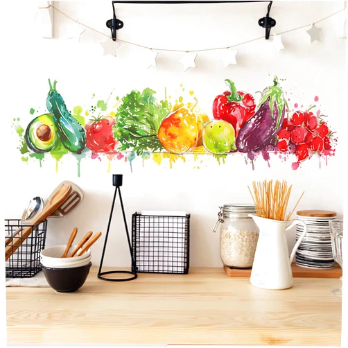 Sacinora Colorful Fruits Vegetables Painted Wall Stickers, sacinora Avocado Eggplant Red Pepper Tomato Pear Cherry Wall Decals Removable Vinyl Peel and Stick for Kitchen Bedroom Art Home Decorations