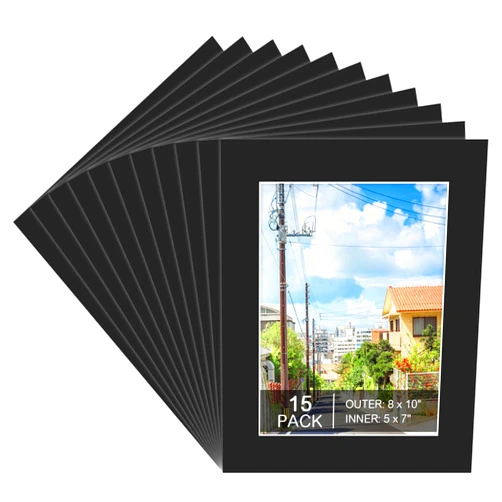 Prudiut 15 Pack 8x10 Black Picture Mats, Frame Mattes for 5x7 Pictures Photo Frame Mat Core Bevel Cut Mat Board Show Kit for Photos, Prints, Artworks