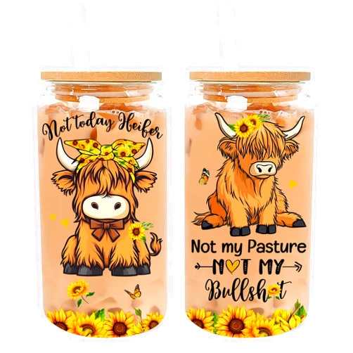 SUFAVN Highland Cow Gifts - Birthday, Christmas Gifts for Women, Coworker, Friend, Farmer - Cow Lover Gifts, Highland Cow Stuff - Sunflower Cow Cup - 16 oz Glass Cup with Straw