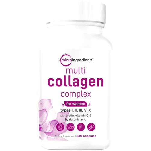 Micro Ingredients Multi Collagen Complex for Women, 240 Capsules | Type I, II, III, V, X with Hyaluronic Acid, Biotin, & Vitamin C | Hydrolyzed Protein Peptides | Keto & Paleo Friendly