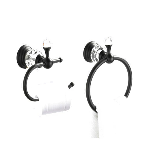 WOLIBEER Crystal Towel Ring,Matte Black Toilet Paper Holder Stand Hand Towel Holder Towel Hook Tissue Roll Paper Holder Towel Hanger Bathroom Hardware 2 Pieces Sets Wall Mounted