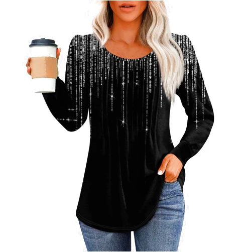 SERYU Women's Fall Long Sleeve Crewneck Shirts Pleated Tunic Tops Loose Fit Casual Trendy Work Blouses