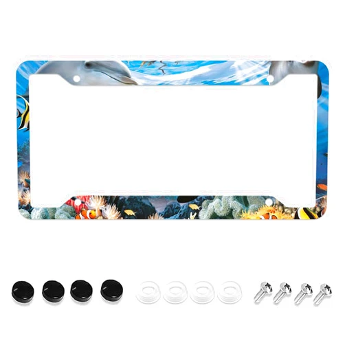 LOVEJIA Dolphin License Plate Frame, Tropical License Plate Frames Blue Sea Car Plate Frame Holder Cover for Women Men with 4 Holes (LJC-7)