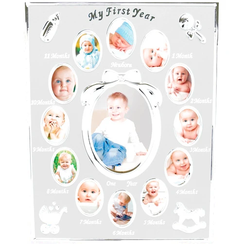tiny ideas My First Year Picture Frame, Baby's First Twelve Months Photo Collage and Gender Neutral Keepsake, Ideal for Baby Shower, New Mom Gift and Nursery Decor, Silver Frame