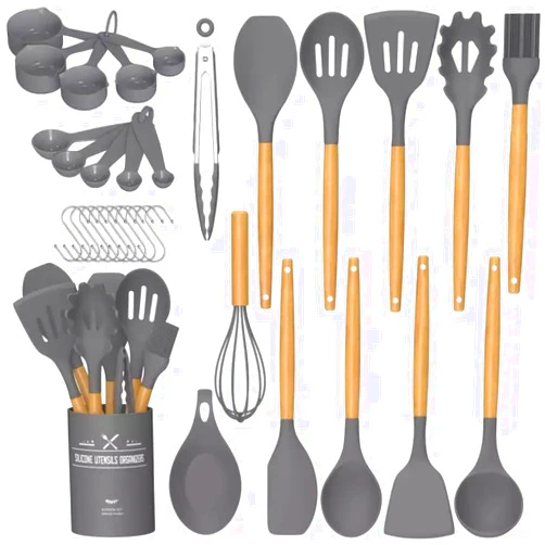 The Epicurean Cook 34 Pcs Non-Stick Silicone Cooking Utensils Set with Holder Sturdy Insulation Wooden Handle Heat Resistance Silicone Spatula Spoon Kitchen Gadgets Utensils Set (Grey)