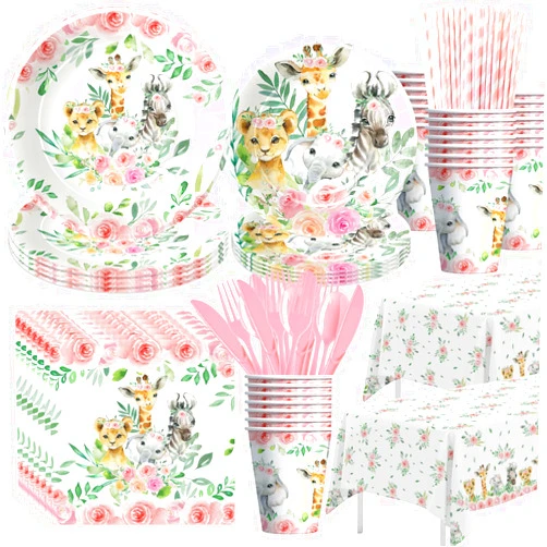 HIPVVILD Safari Birthday Decorations Tableware Girl, Jungle Theme Party Supplies, Plate, Cup, Napkin, Tablecloth, Cutlery, Straw, Safari Jungle Animal Birthday Baby Shower Party Decorations | Serve 24