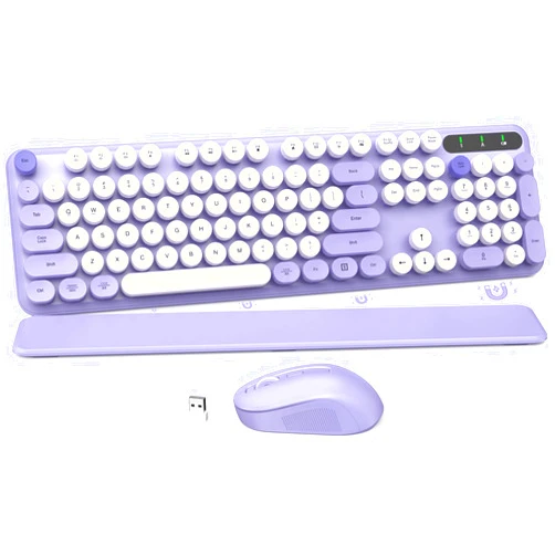 SABLUTE Wireless Keyboard and Mouse Combo, Retro Typewriter Keyboard, Detachable Hard Wrist Rest, Tilt Legs, Floating Round Keycaps, Auto Sleep Mode, Cute 2.4GHz Cordless Set for Mac/Windows/PC/Laptop-Purple
