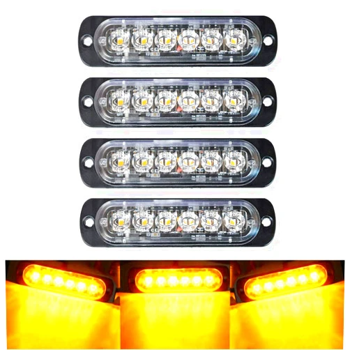 SEISSO 4-Pack 6 LED Amber Strobe Lights Vehicles Trucks Emergency Strobe Lights Kit 12V -24V Warning Hazard Flash Strobe Lights Bar Grill Grille Surface Mount Super Bright Waterproof