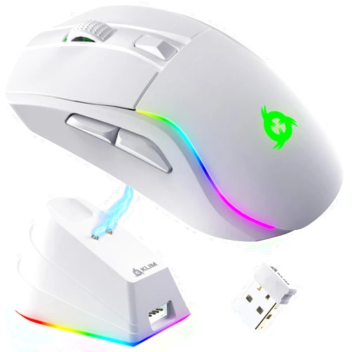 KLIM Blaze Y RGB Rechargeable Wireless Gaming Mouse with Charging Dock - High-Precision Sensor and Long-Lasting Battery - Up to 6000 DPI - PC Gaming Mouse - Wired and Wireless Mouse for PC - White