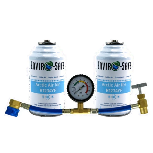 Generic R1234YF, 1234YF Refrigerant Support, Arctic Air in 4oz. Cans for Auto w/Brass Gauge (2 Pack), Blue, Gold, and White, ES1234AG2