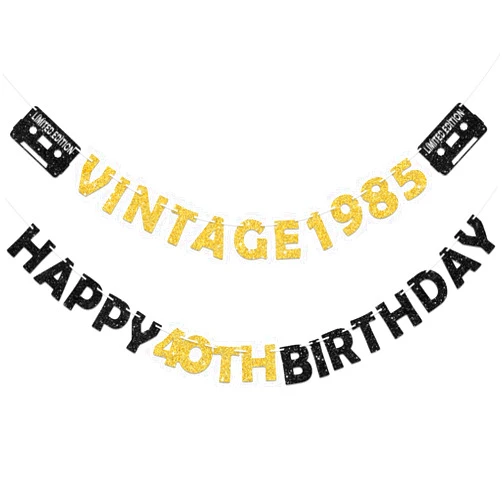 Eucutur Pre-Strung Black Gold 40th Birthday Banner Decoration for Women, Glitter Vintage 1985 Happy 40th Birthday Party Supplies, Cheers to 40 Years Old Bday Party Decor Sign