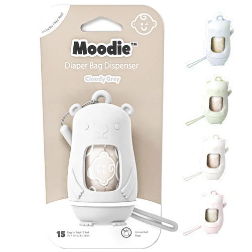 Moodie Teddy Bear Dispenser | Diaper Trash Bags on the Go Dispenser w/Silicon Strap | 15 UNSCENTED Baby Poop Bags per Roll | Dirty Diaper Bag Dispenser Disposable | Diaper Waste Bags (GREY)