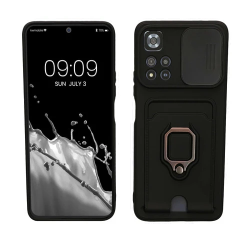 kwmobile Plastic Case Compatible with Xiaomi Redmi Note 11 Pro+ 5G / Note 11 Pro Plus 5G - Case with Metal Stand Card Slot Finger Holder - Black