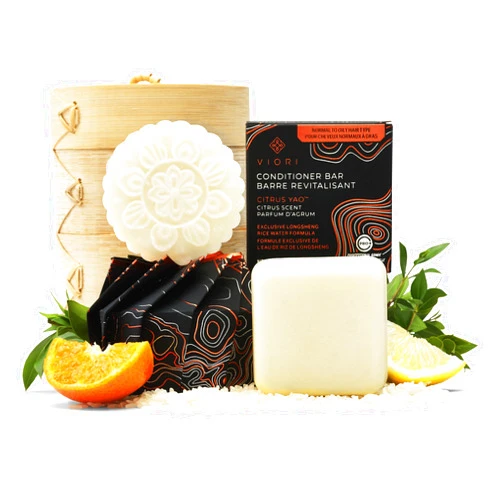 Viori Citrus Yao Shampoo and Conditioner Bar Set and Bamboo Holder - Made with Rice Water for Hair Growth - Handcrafted Sulfate Free Shampoo and Conditioner