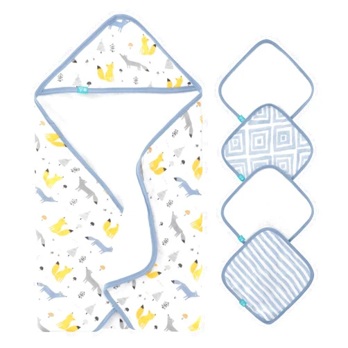 Featherhead™ 5-Piece 100% Cotton Muslin Hooded Bath Towel & Washcloths Set for Baby Boy - Ultra Soft and Extra Absorbent - Newborn Essential & Perfect Baby Registry Gift (Blue Foxes)