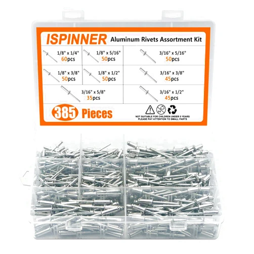 ISPINNER 385pcs 8 Sizes Aluminum Blind Rivets, Pop Rivets Assortment Kit (Silver)