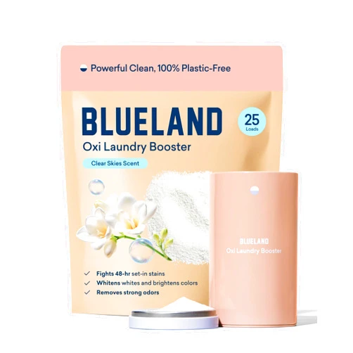 BLUELAND Oxi Laundry Booster Powder with Tin, Starter Set, Clear Skies Scent, 25 Loads, 17.6 oz, Plastic-Free, Eco Friendly, Oxy Cleaner, Stain Remover