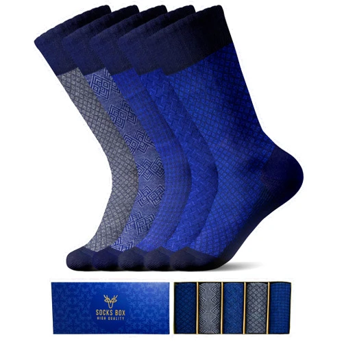 SOCKS BOX Mens Dress Socks, Premium Quality Bamboo Rayon Socks for Men, Patterned Mens Socks With Gift Box (5/10 Pack)