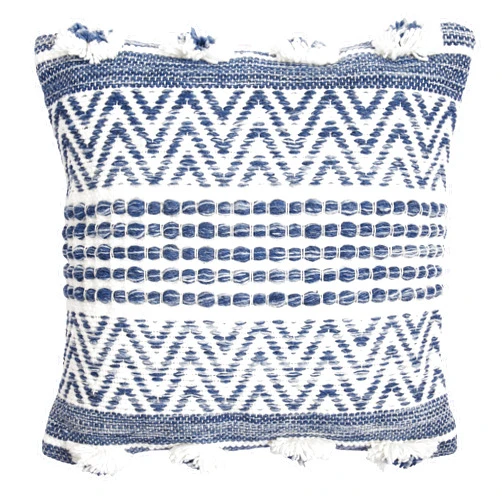 Woven Virtues Pom Pom Throw Pillow Cover Blue and White 18x18 Inch Handwoven, Luxurious and Fashionable 1 Piece Throw Pillow Cover