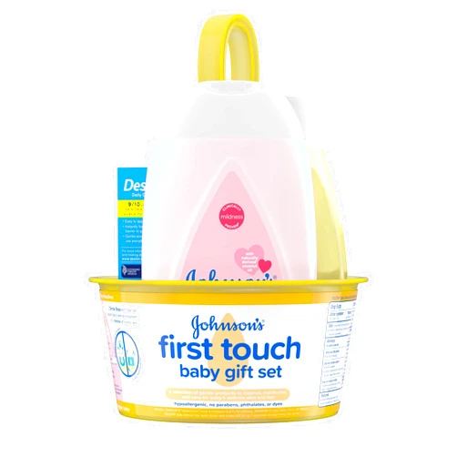 Johnson's Baby Johnson's First Touch Baby Gift Set, Baby Bath, Skin & Hair Essential Products, Kit for New Parents with Wash & Shampoo, Lotion, & Diaper Rash Cream, Hypoallergenic & Paraben-Free, 4 items