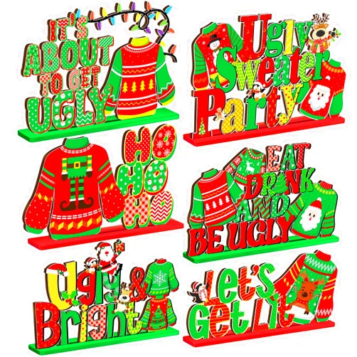 DoubleFill 6 Pcs Christmas Ugly Sweater Party Decorations Ugly Sweater Party Table Decor Christmas Wooden Centerpieces Xmas Tabletop Sign Ugly Sweater Display with Letters for Holiday Party Supplies