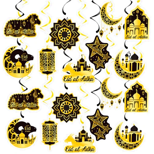 Hugtmr Ramadan-Islamic Party-Decorations Black-Gold Banner Streamers - 18Pcs Eid Umrah Mubarak Home Decor Hanging Swirl Ceiling Garland,Moon Star Lantern Outdoor Muslim Tree Supplies Hugtmr